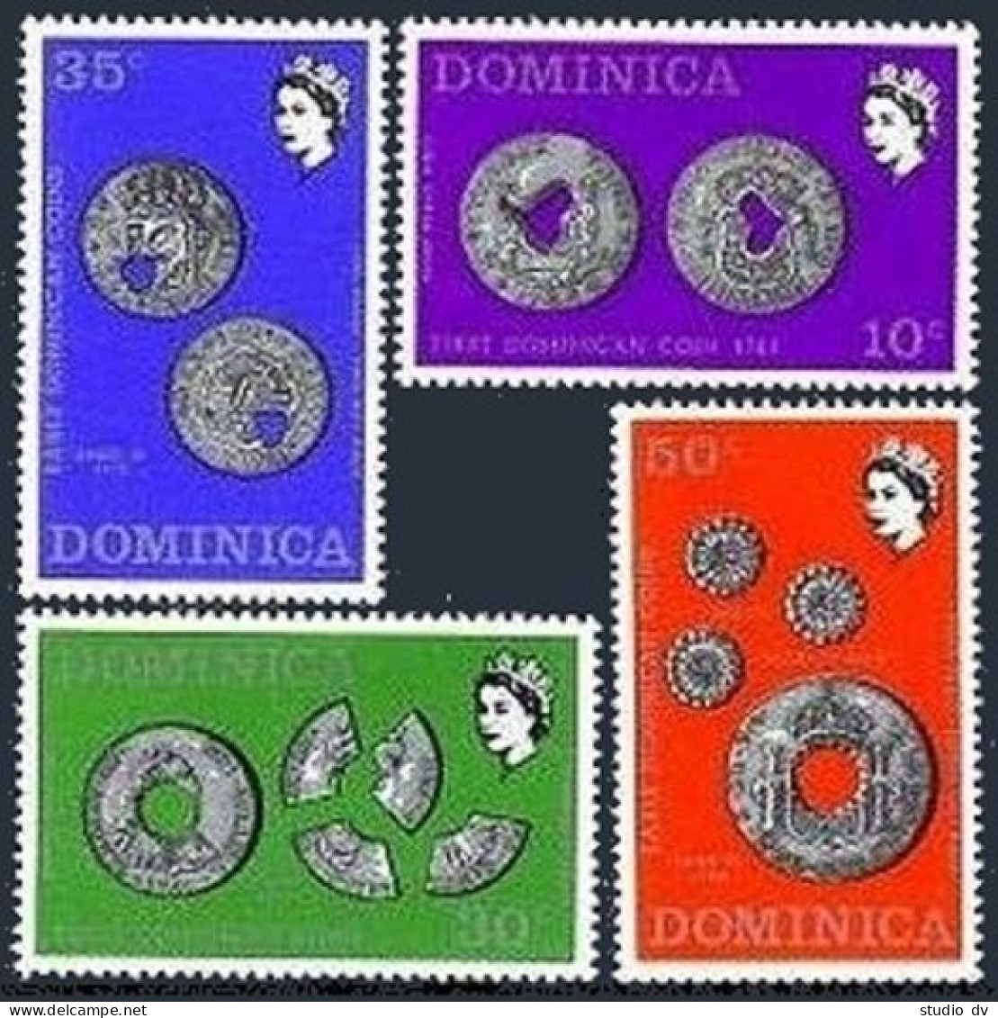 Dominica 333-336, 336a, MNH. Michel 333-336, Bl.12. Christmas 1971, Early Coins. - Dominica (1978-...)