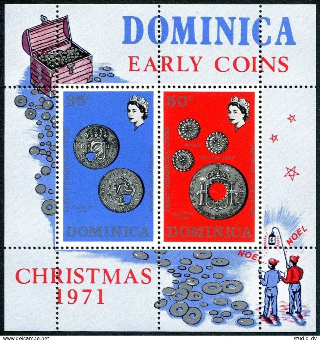 Dominica 333-336, 336a, MNH. Michel 333-336, Bl.12. Christmas 1971, Early Coins. - Dominica (1978-...)