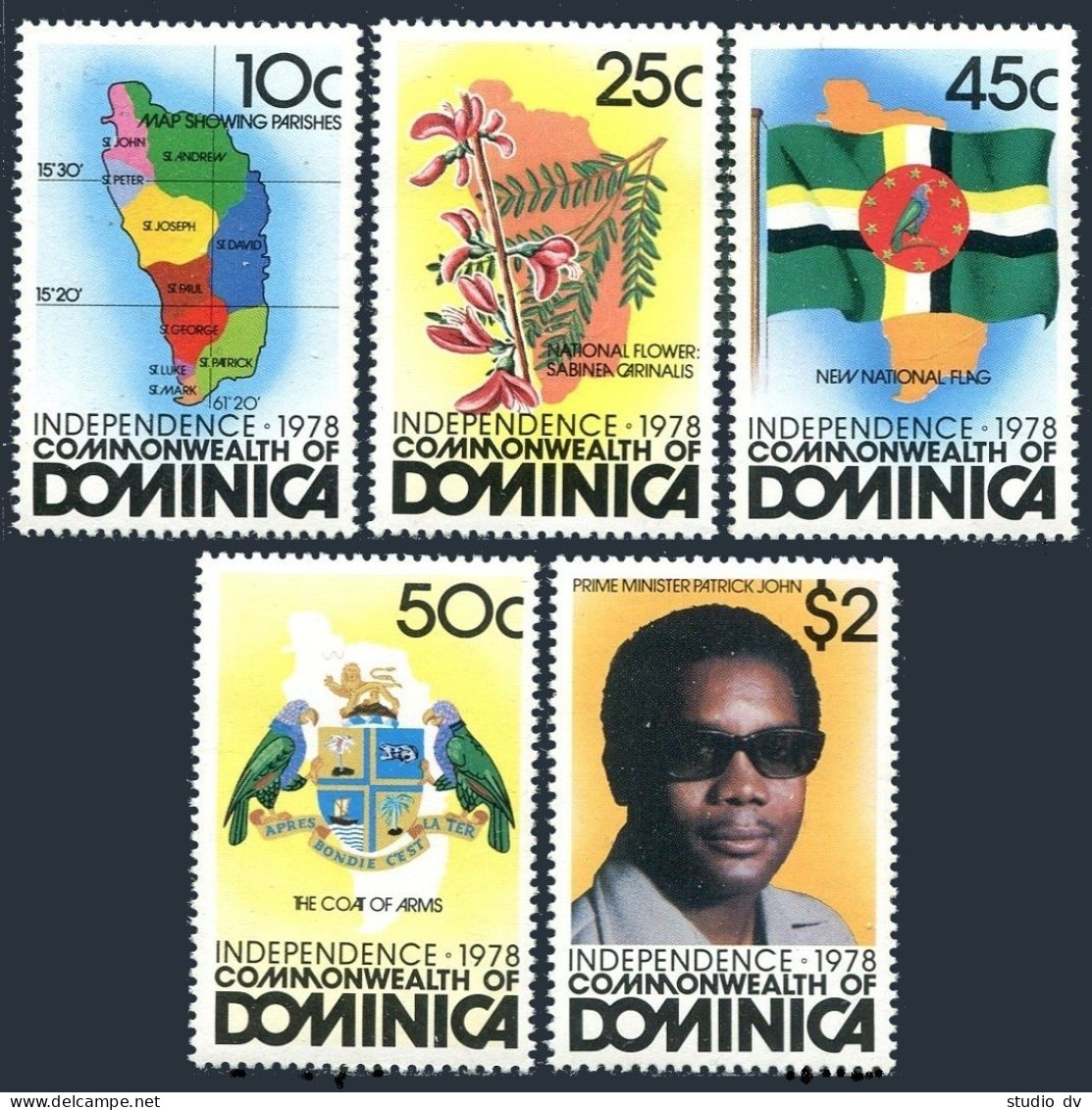 Dominica 602-606, 607, MNH. Mi 609-613, Bl.52. Independence Day,Map,Arms-Parrot, - Dominica (1978-...)
