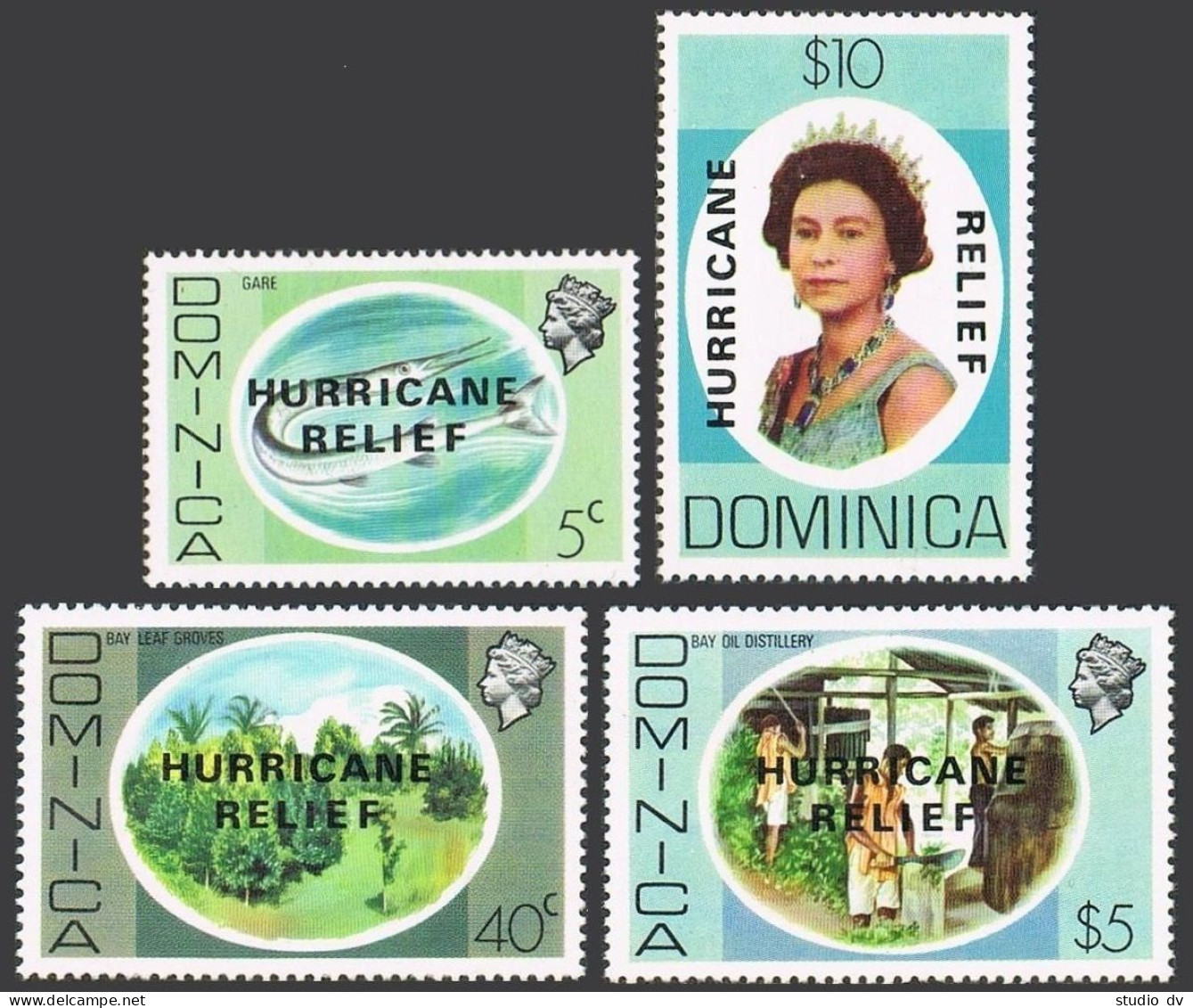 Dominica 640-643, MNH. Mi 647-650. HURRITAGE RELIEF, 1979. Fish, Flower, QE II. - Dominica (1978-...)