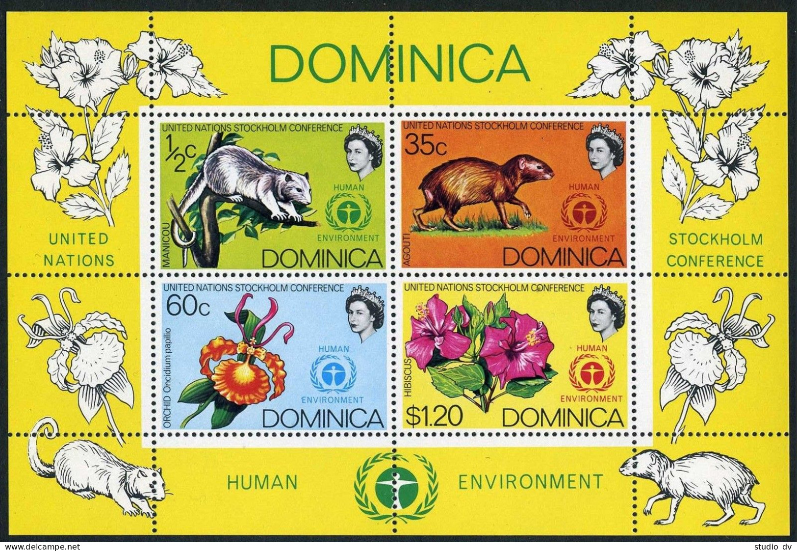 Dominica 337-340,340a,MNH.Mi 337-340,Bl.13. Opossum,Agouti,Orchid,Hibiscus,1972. - Dominique (1978-...)