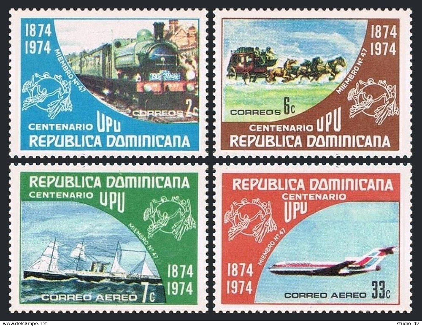 Dominican Rep 727-C221,C221a, MNH. UPU-100, 1974. Coach,Sailing Ship, Train,Jet. - Dominica (1978-...)