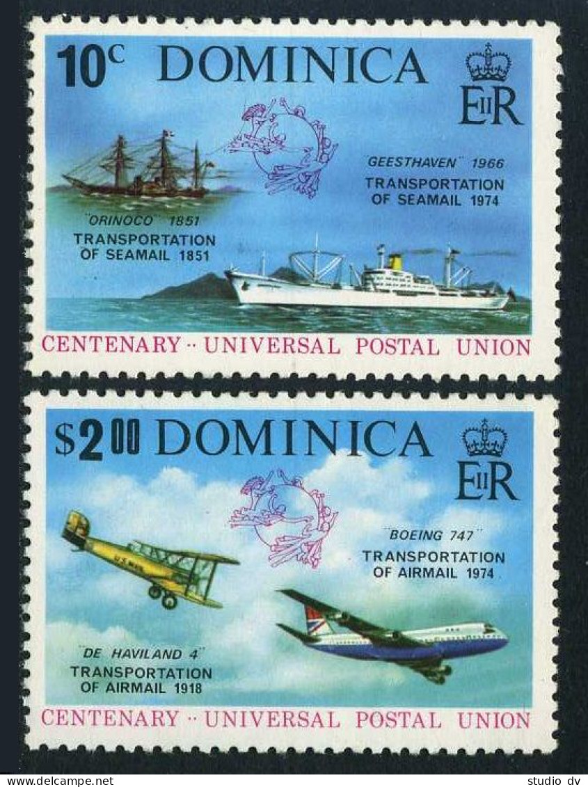 Dominica 418-419, 419a, MNH. Mi 417-418, Bl.38. UPU-100, 1974. Seamail, Airmail. - Dominica (1978-...)