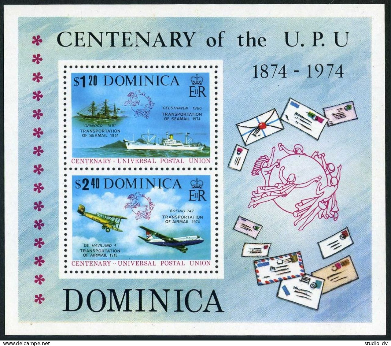 Dominica 418-419, 419a, MNH. Mi 417-418, Bl.38. UPU-100, 1974. Seamail, Airmail. - Dominica (1978-...)