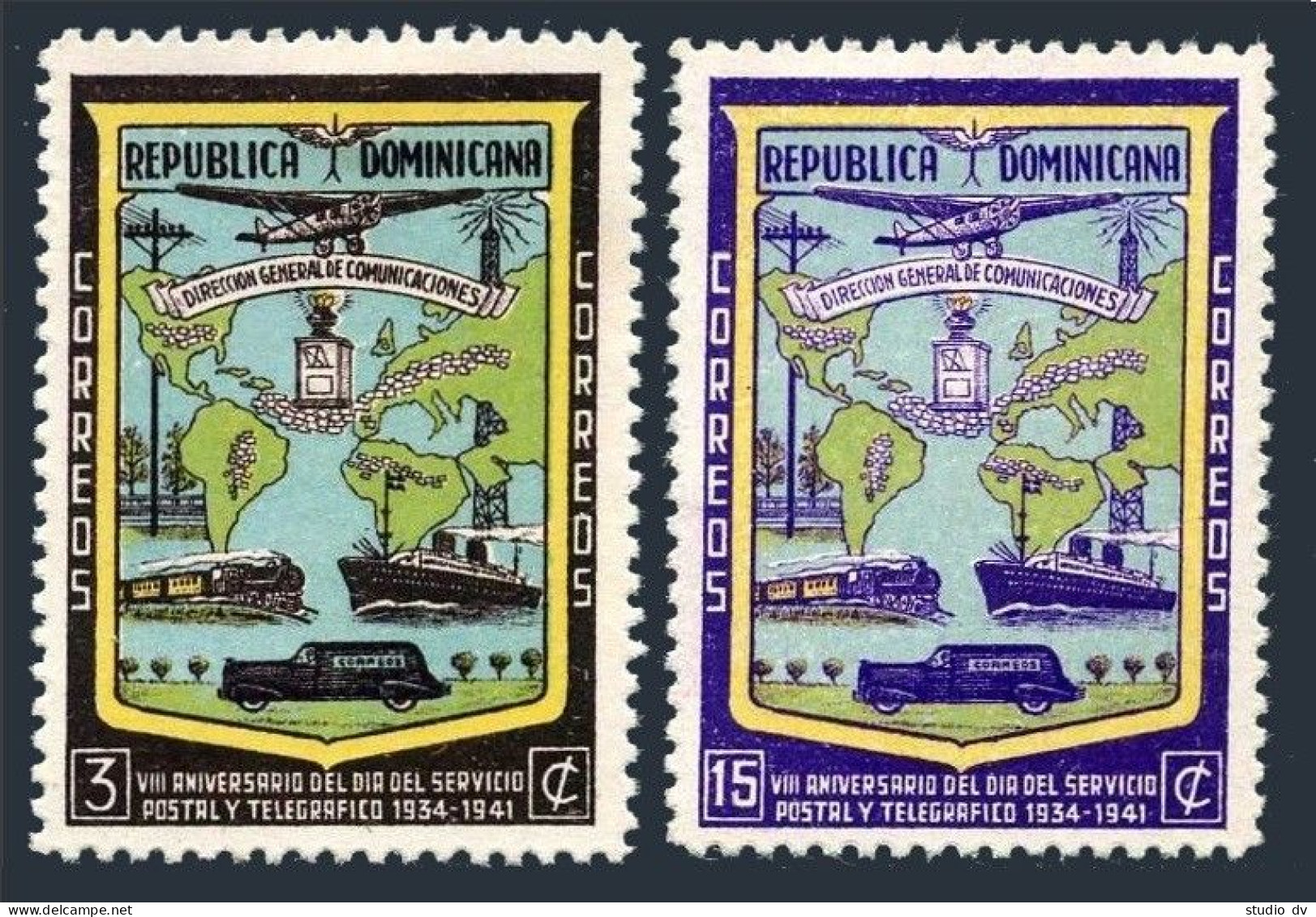 Dominican Rep 381-382,hinged.Michel 410-411. Day Of Post & Telegraph,1942.Map. - Dominikanische Rep.