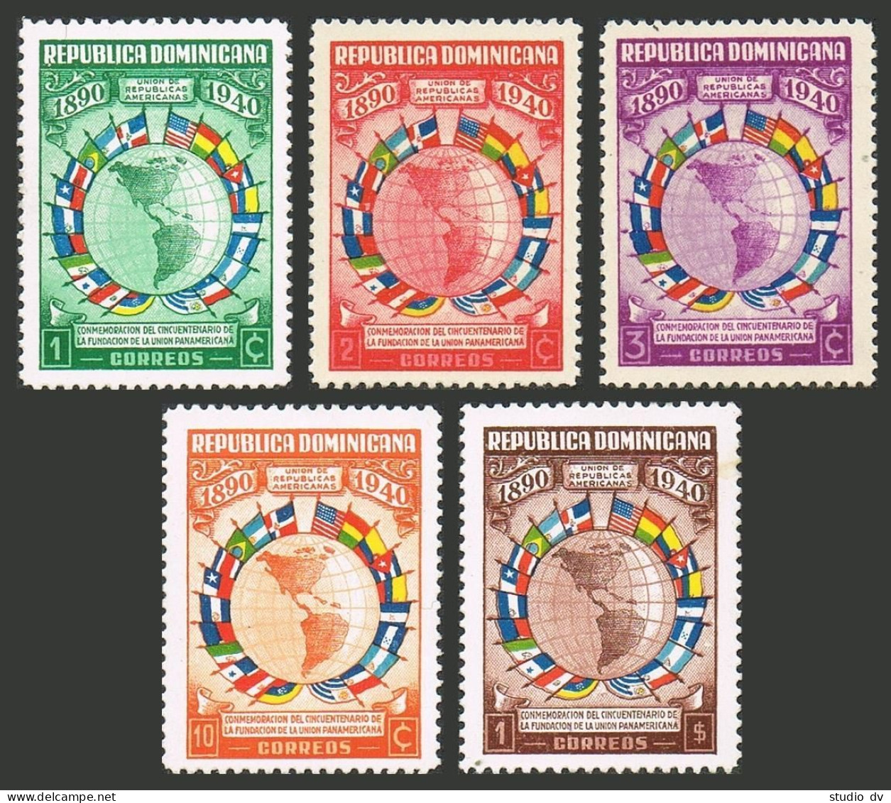 Dominican Rep 351-355, MNH. Mi 365-369. Pan American Union, 50th Ann. 1940.Flags - Dominican Republic
