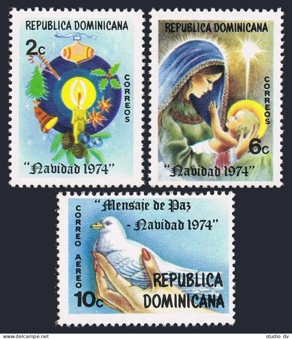 Dominican Rep 731-732, C224, MNH. Mi 1076-1078. Christmas 1974. Decorations,Dove - Dominican Republic