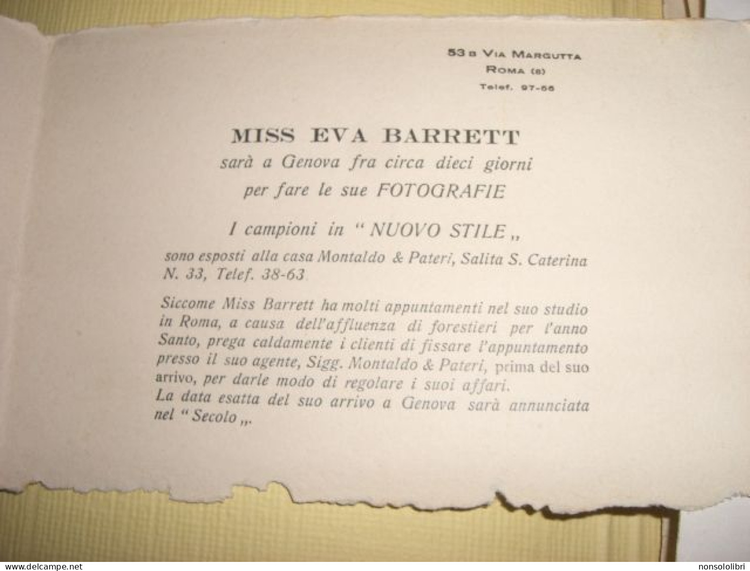 BIGLIETTO ANNUNCIO A GENOVA DELLA FOTOGRAFA EVA BARRETT - Historische Dokumente