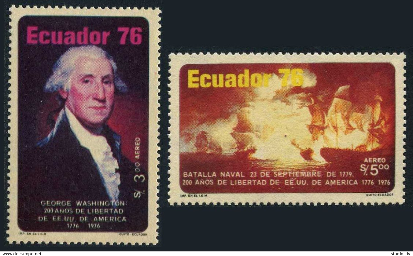 Ecuador C589-C590, Hined. Mi 1734-1735. USA-200, 1976. Naval Battle. Washington. - Ecuador