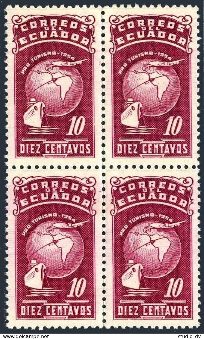 Ecuador RA74 Block/4,MNH.Mi Zw80. Postal Tax 1954.PRO TURISMO.Globe,ship,plane. - Ecuador