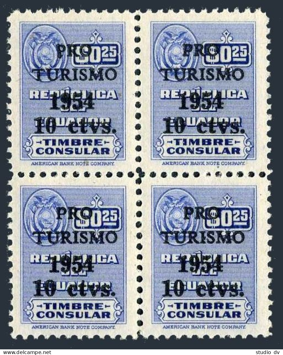Ecuador RA67 Bl/4, MNH. Postal Tax Stamp 1954. Revenue  Overprinted PRO TURISMO. - Equateur