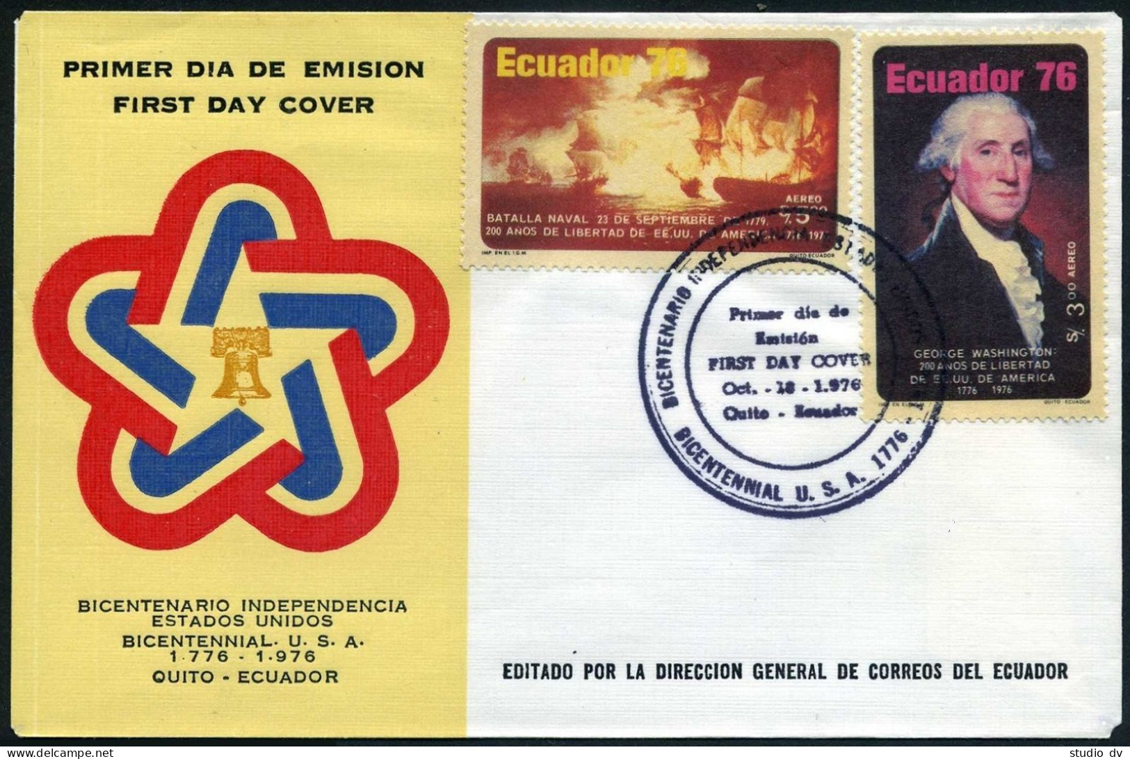 Ecuador C589-C590,FDC.Michel 1734-1735. USA-200,1976.Naval Battle.Washington. - Equateur