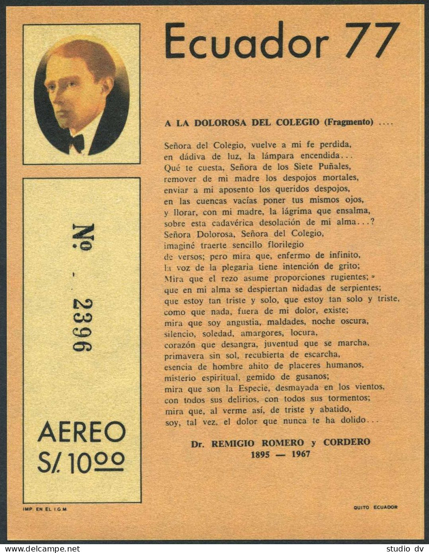 Ecuador C611-C612,C612A, MNH. Mi 1766-1767,Bl.79. Remigio Romero Y Cordero,poet. - Ecuador