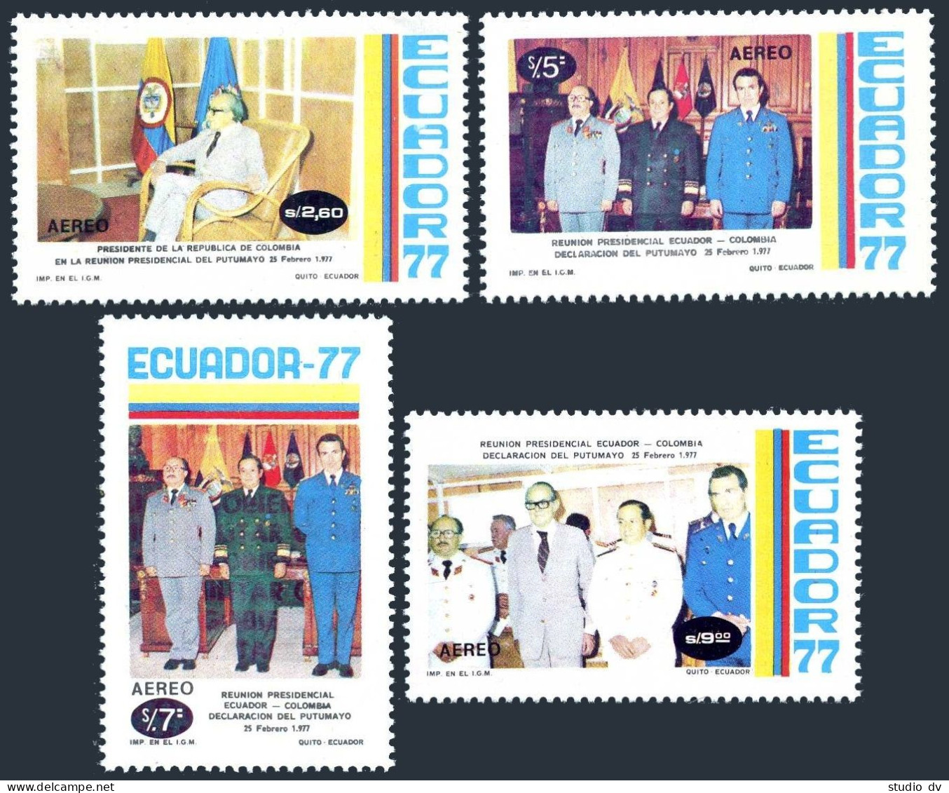 Ecuador C598-C601, C602, MNH. Mi 1750-1753, Bl.78. Meeting Of Presidents, 1977. - Ecuador