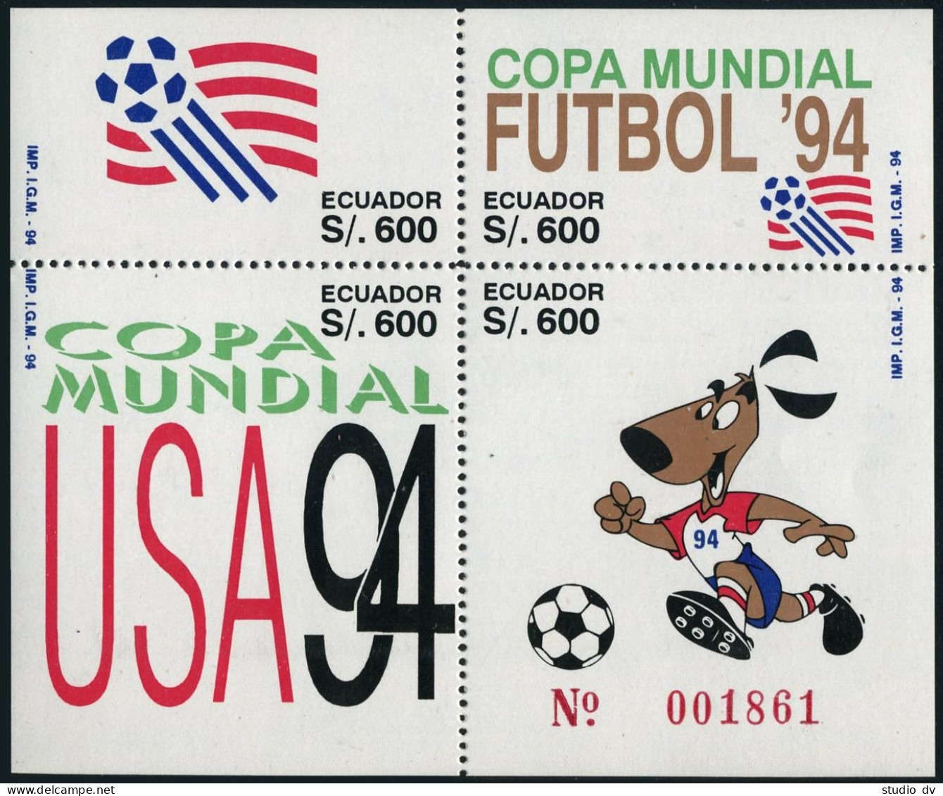 Ecuador 1343 Ad Block,MNH.Mi 2268-2271 Bl.149. World Soccer Cup USA-1994.Mascot. - Ecuador