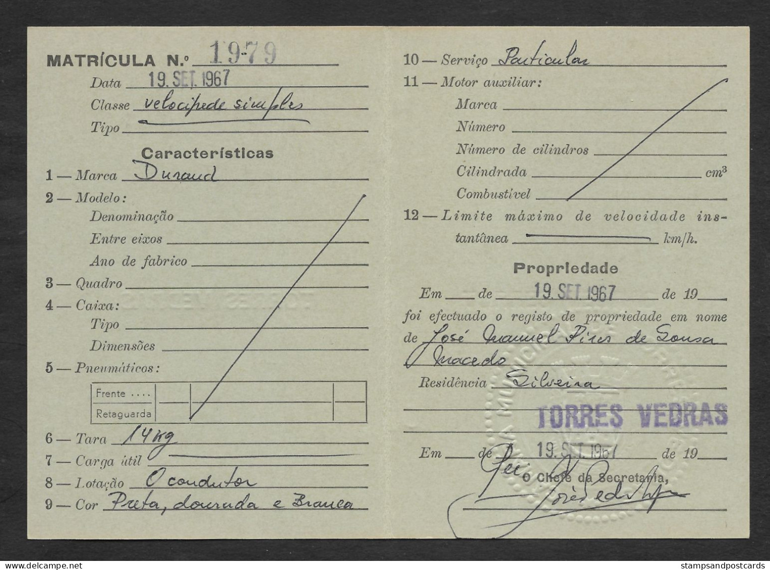 Portugal Torres Vedras Permis De Immatriculation Vélo Durand 1967 Bike Registration License - Autres & Non Classés