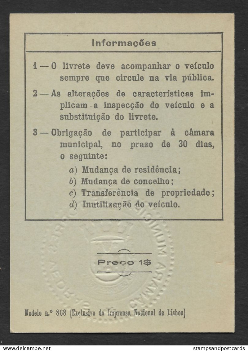 Portugal Torres Vedras Permis De Immatriculation Vélo Durand 1967 Bike Registration License - Other & Unclassified