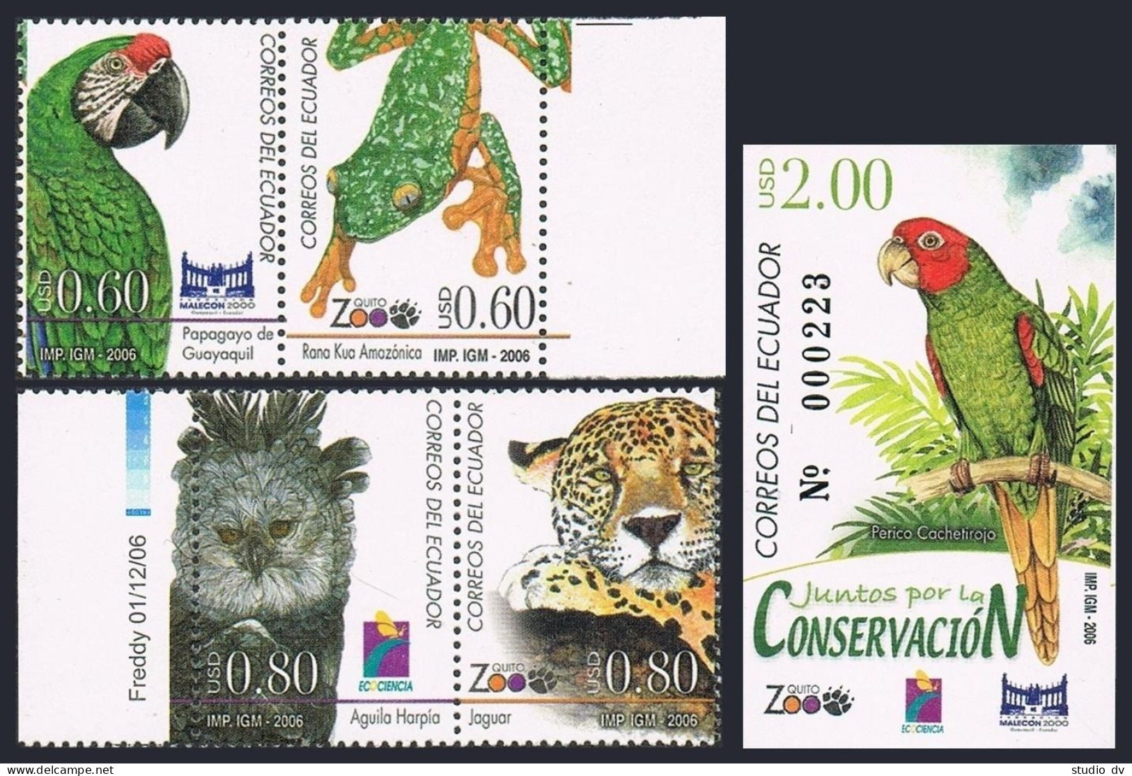 Ecuador 1850-1851 Ab, 1852, MNH. Quito Zoo, 2006. Parrot,Frog,Harpy Eagle,Jaguar - Equateur
