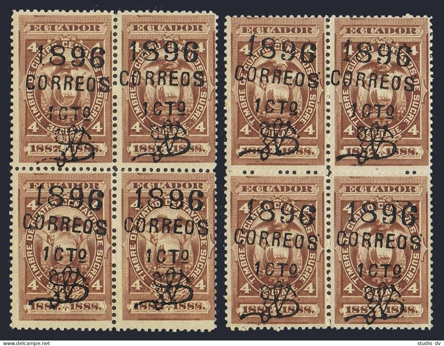Ecuador 70 1887-1888 1c On 4c Brown,two Blocks/4-error,MNH. Black Surcharge,1896 - Ecuador