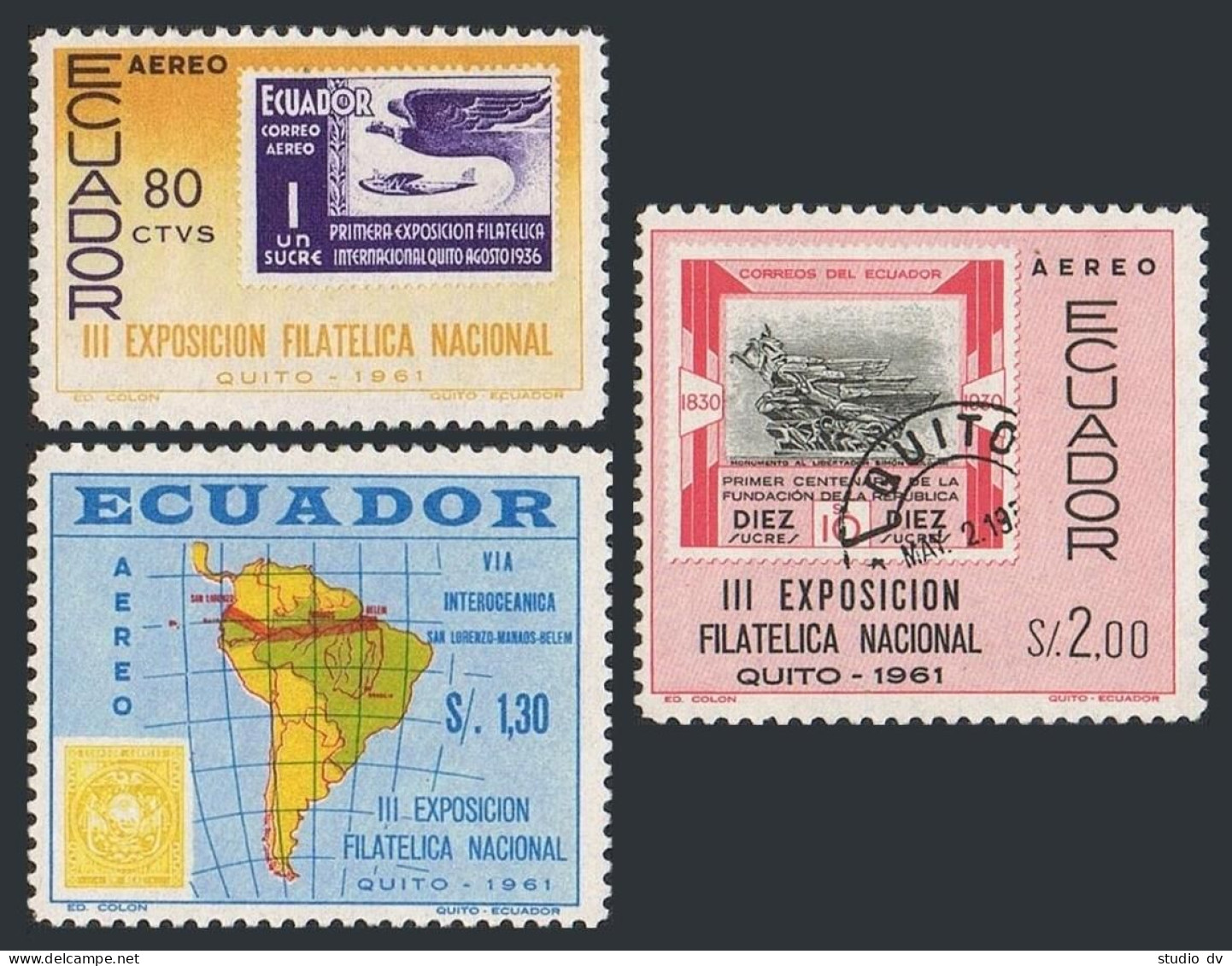 Ecuador C383-C385,hinged.Michel 1062-1064. National PhilEXPO-1961.Condor,Bolivar - Ecuador