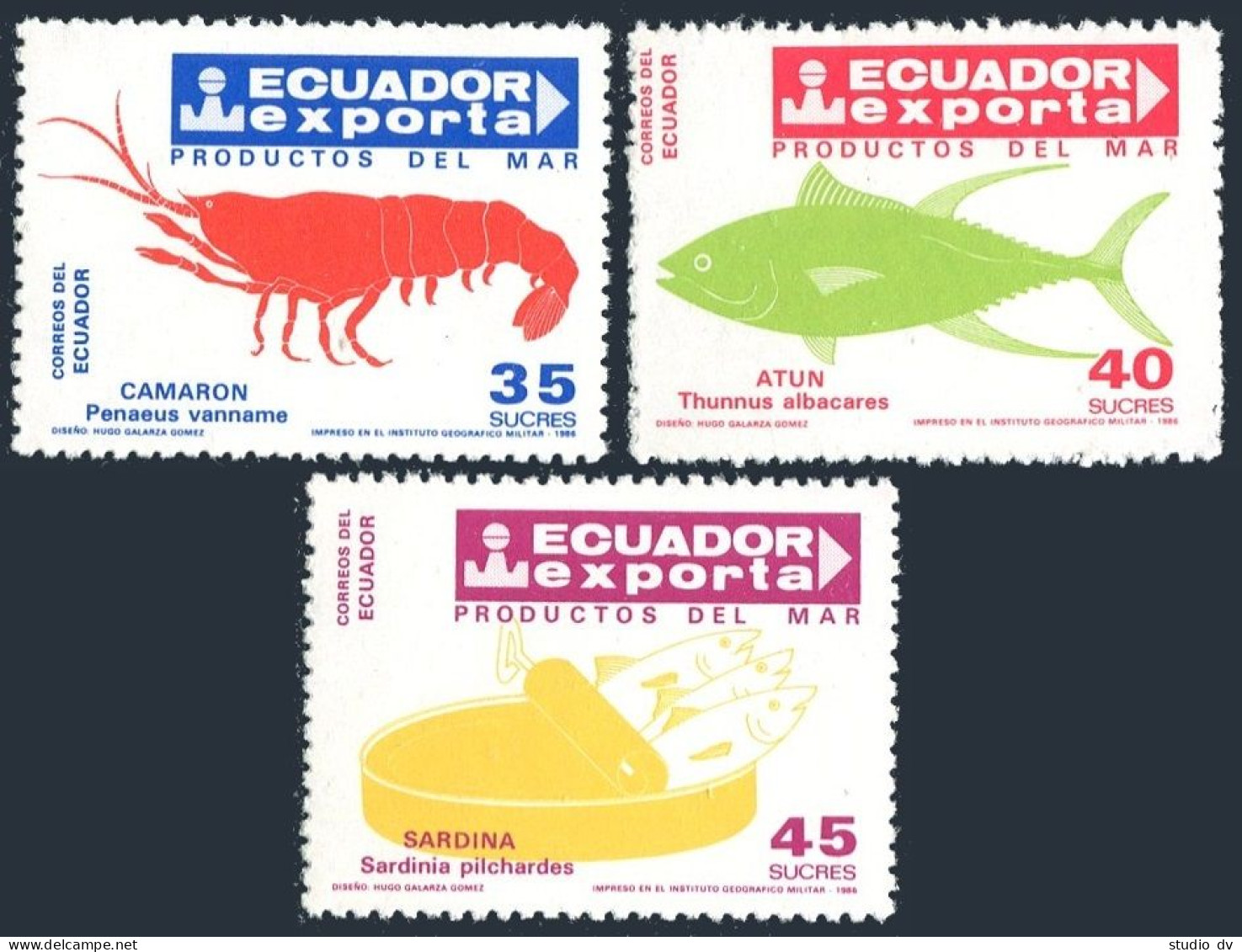 Ecuador 1133-1135, MNH. Michel 2035-2037. Exports 1986. Shrimp, Tuna, Sardines. - Equateur