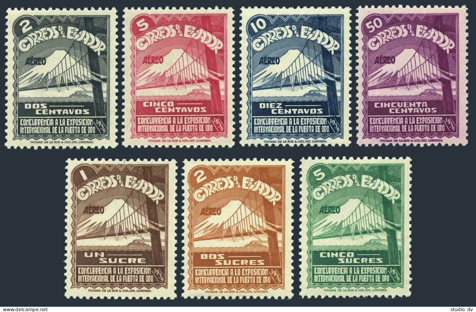 Ecuador 382-387, C73-C79, MNH. Mi 421-433. Golden Gate Exhibition, 1939. Bridge. - Ecuador