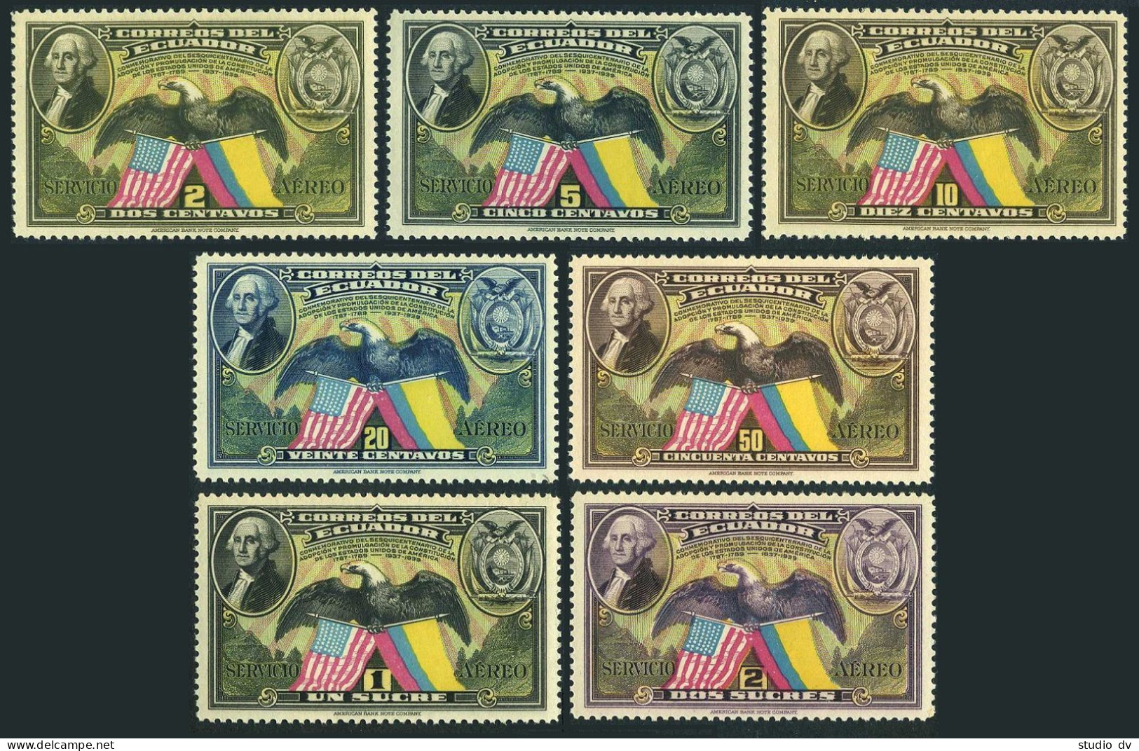 Ecuador C57-C63, Lightly Hinged. US Constitution-150, 1938. Washington, Eagle. - Equateur