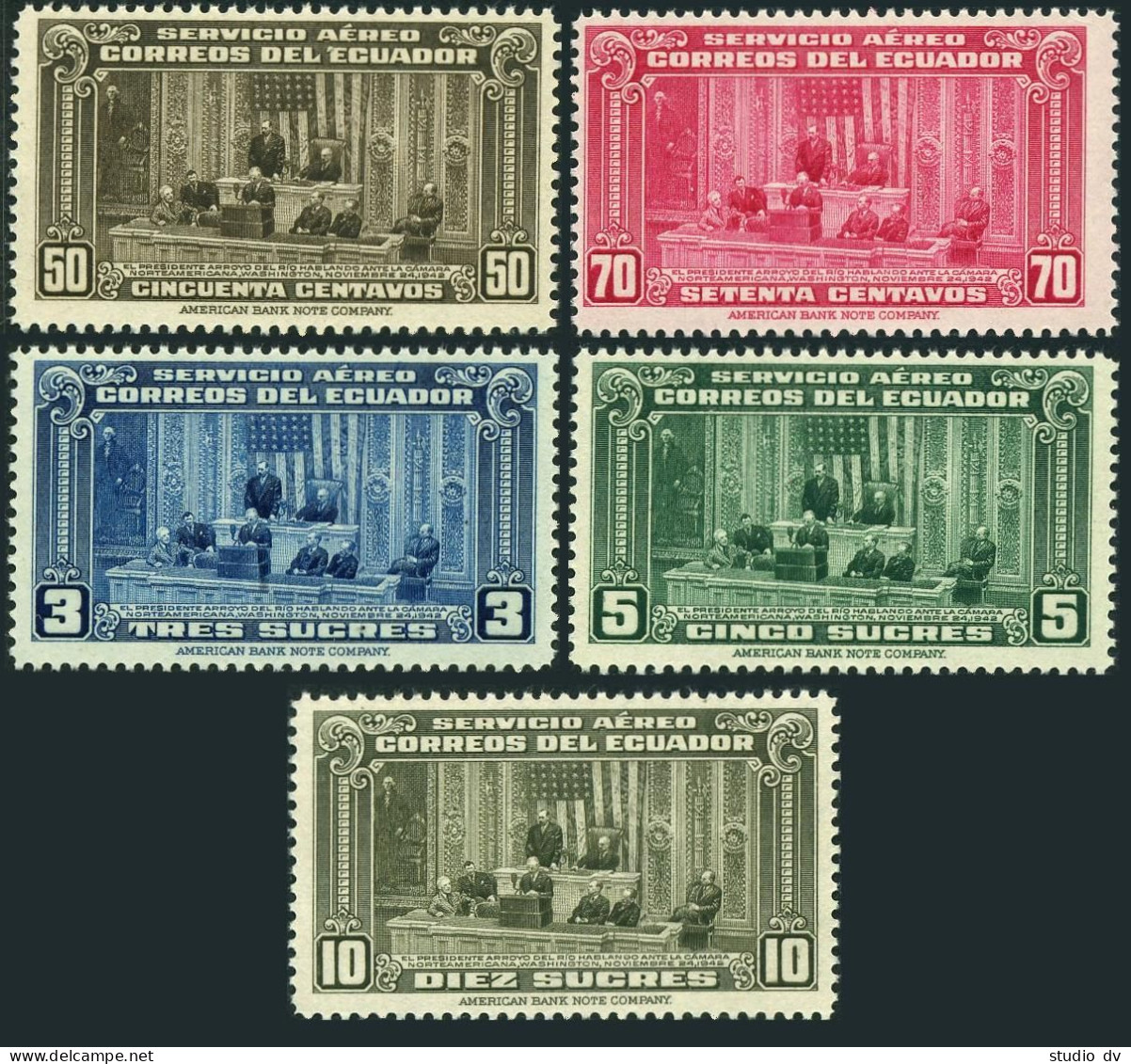 Ecuador C114-C118, MNH. Mi 498-502. President Arroyo Address. US Congress, 1943. - Ecuador