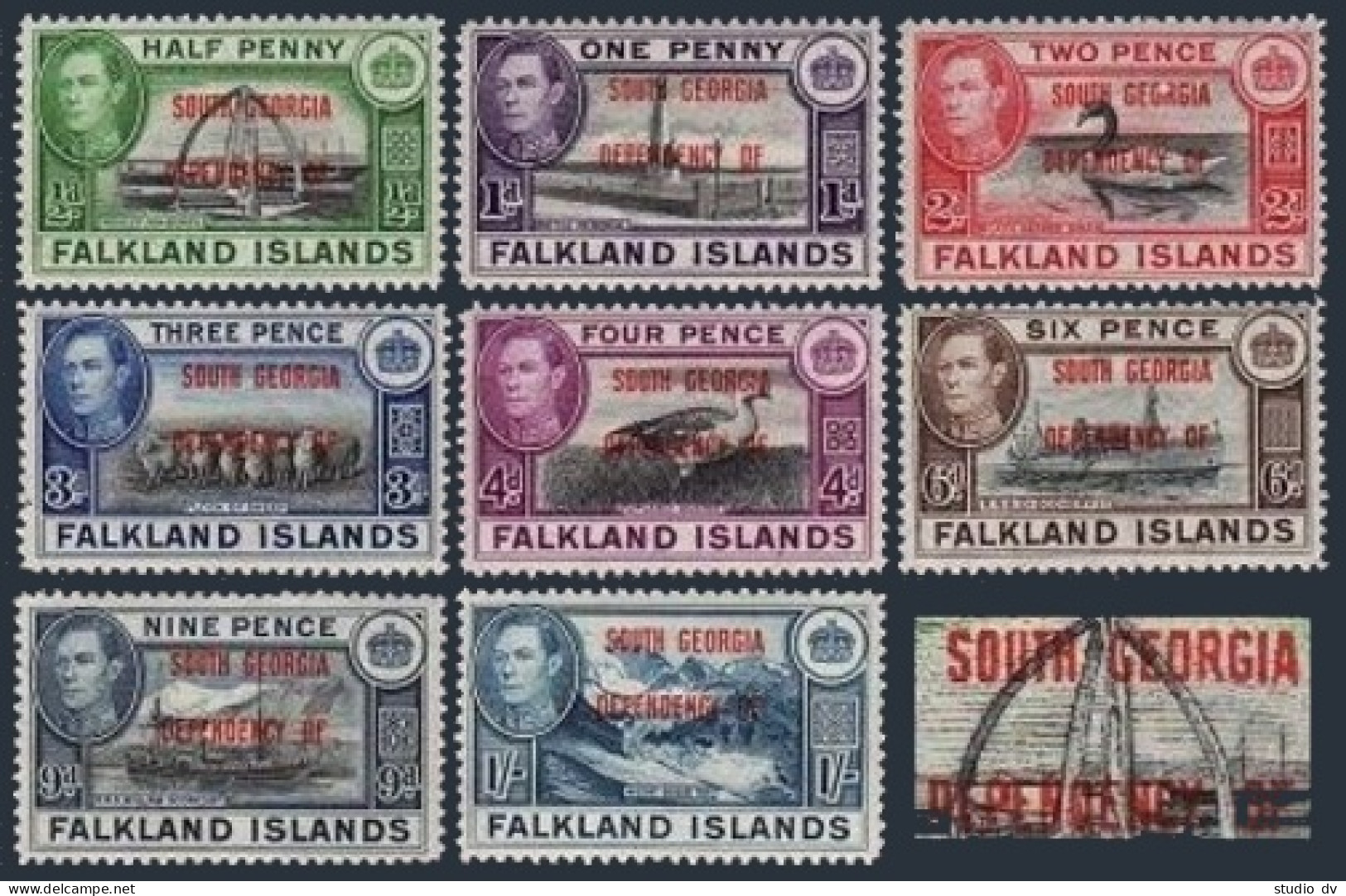 Falkland 3L1-3L8 SOUTH GEORGIA, Hinged. Mi 1-8. Birds, Sheep, Monuments, 1944. - Falkland