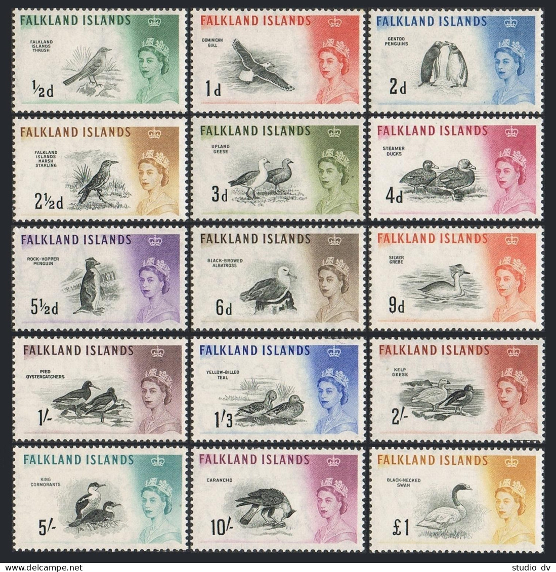 Falkland 128-142, Hinged. Mi 123-137. Birds 1960. Thrush,Dominican Gull,Penguins - Falkland