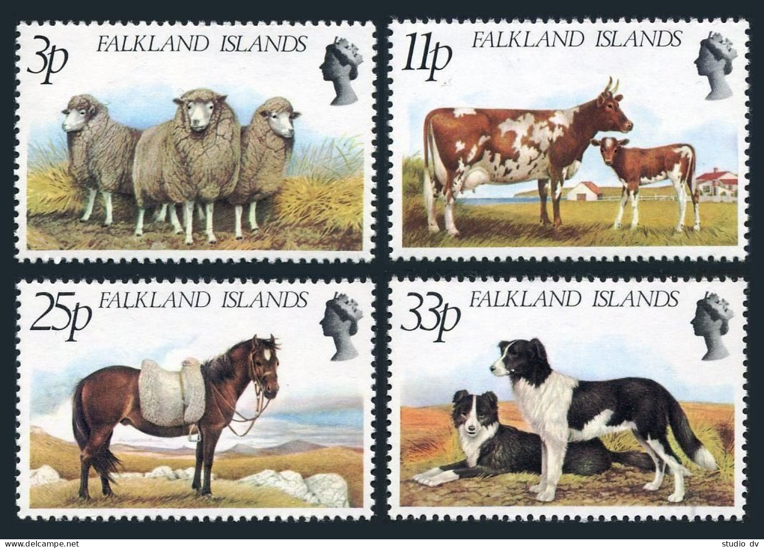 Falkland 314-317, Damaged Gum. 1981. Sheep. Cow-calf, Horse, Dog. 1981. - Falklandinseln