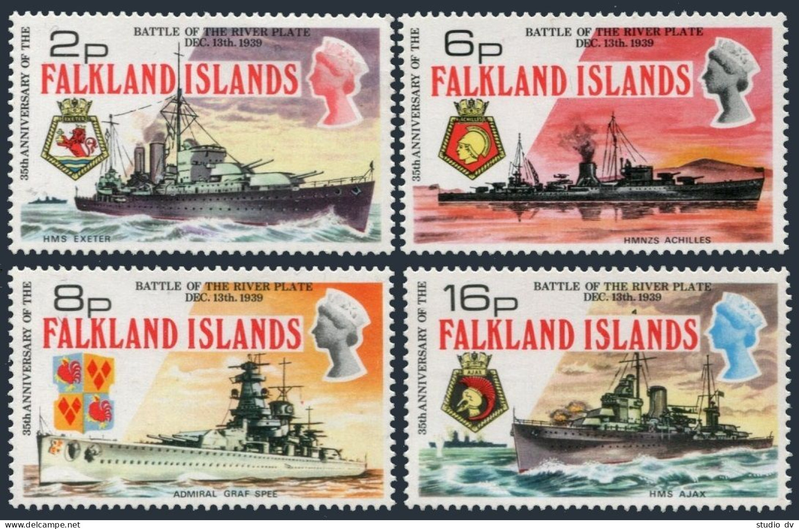 Falkland 237-240, MNH 2 Stamps Damaged Gum. Mi 232-235. Naval Battleships, 1974. - Falkland