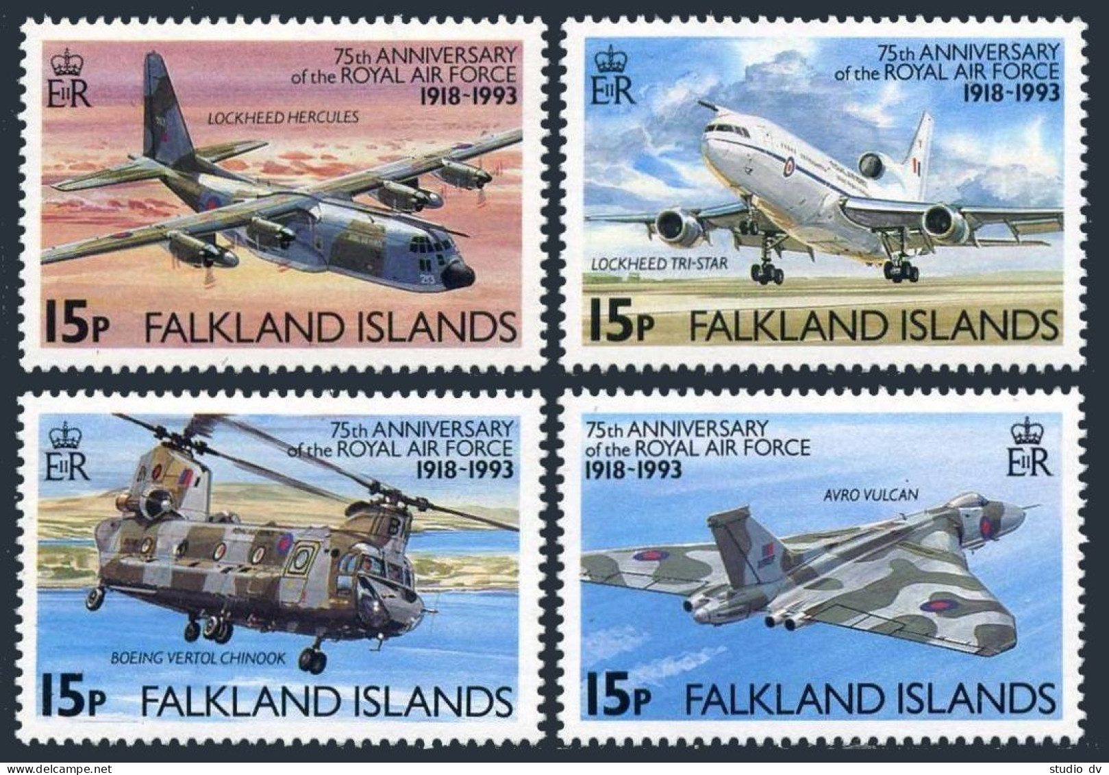 Falkland 573-576, 577, MNH. Mi 580-583, Bl.11. Royal Air Force 75th Ann. 1993. - Falkland Islands