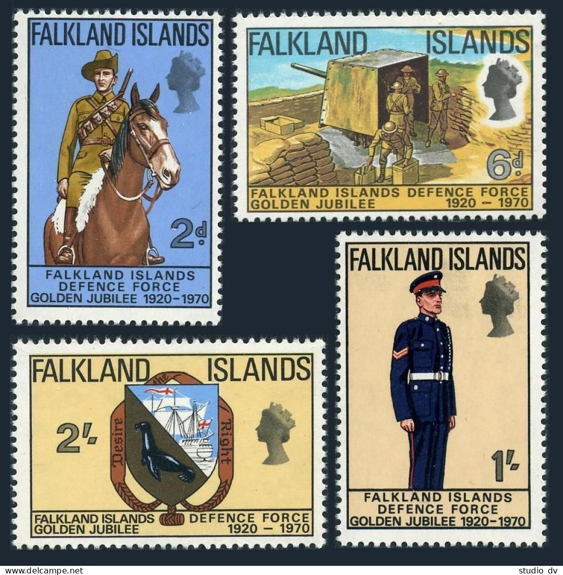 Falkland 188-191, Damaged Gum. Defense Force, 50th Ann. 1970. Volunteer, Badge. - Falklandinseln