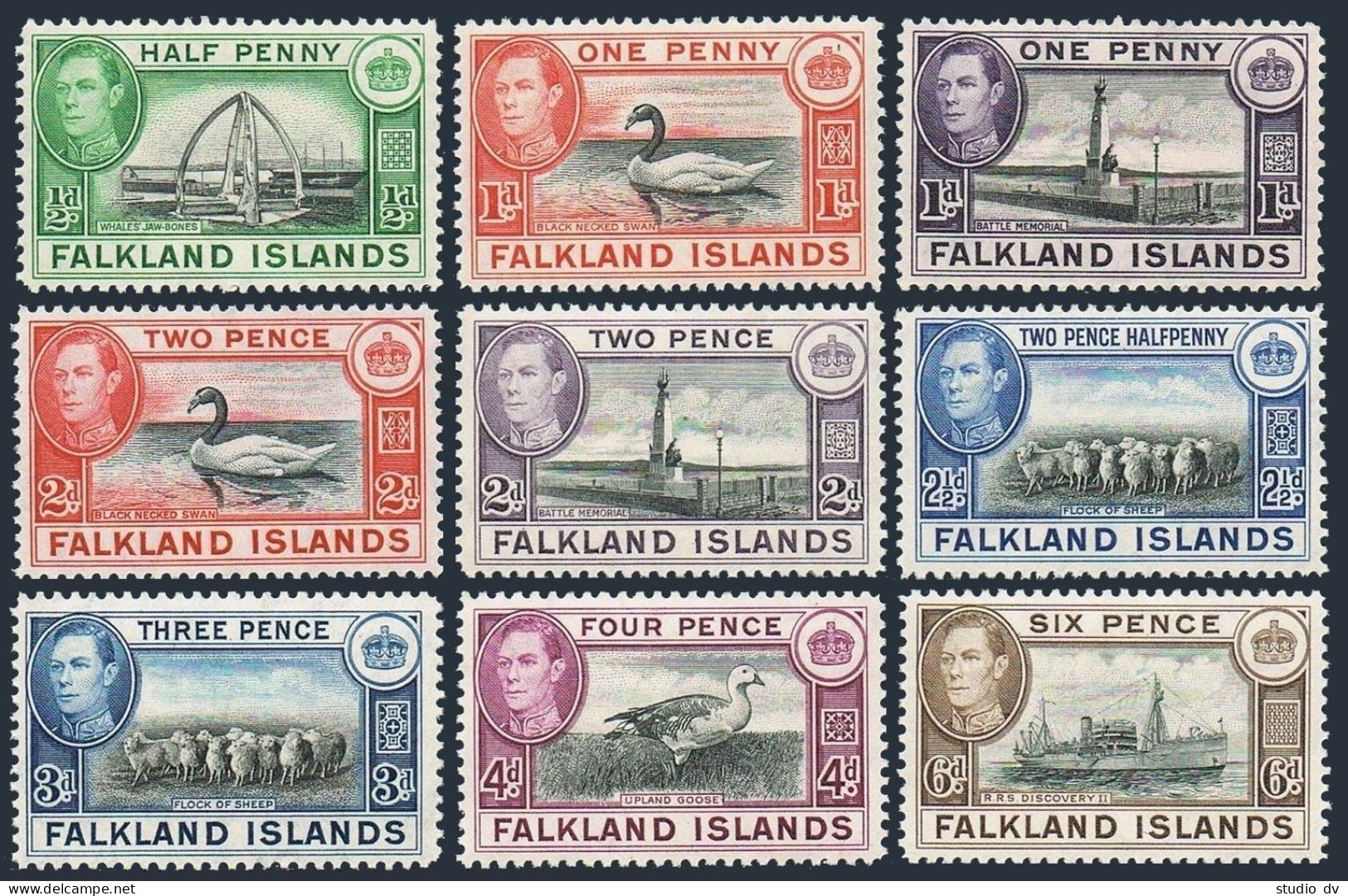 Falkland 84-89, 9 Stamps, Hinged. George VI. Whale Jawbones,Swan,Memorial,Sheep, - Falkland Islands