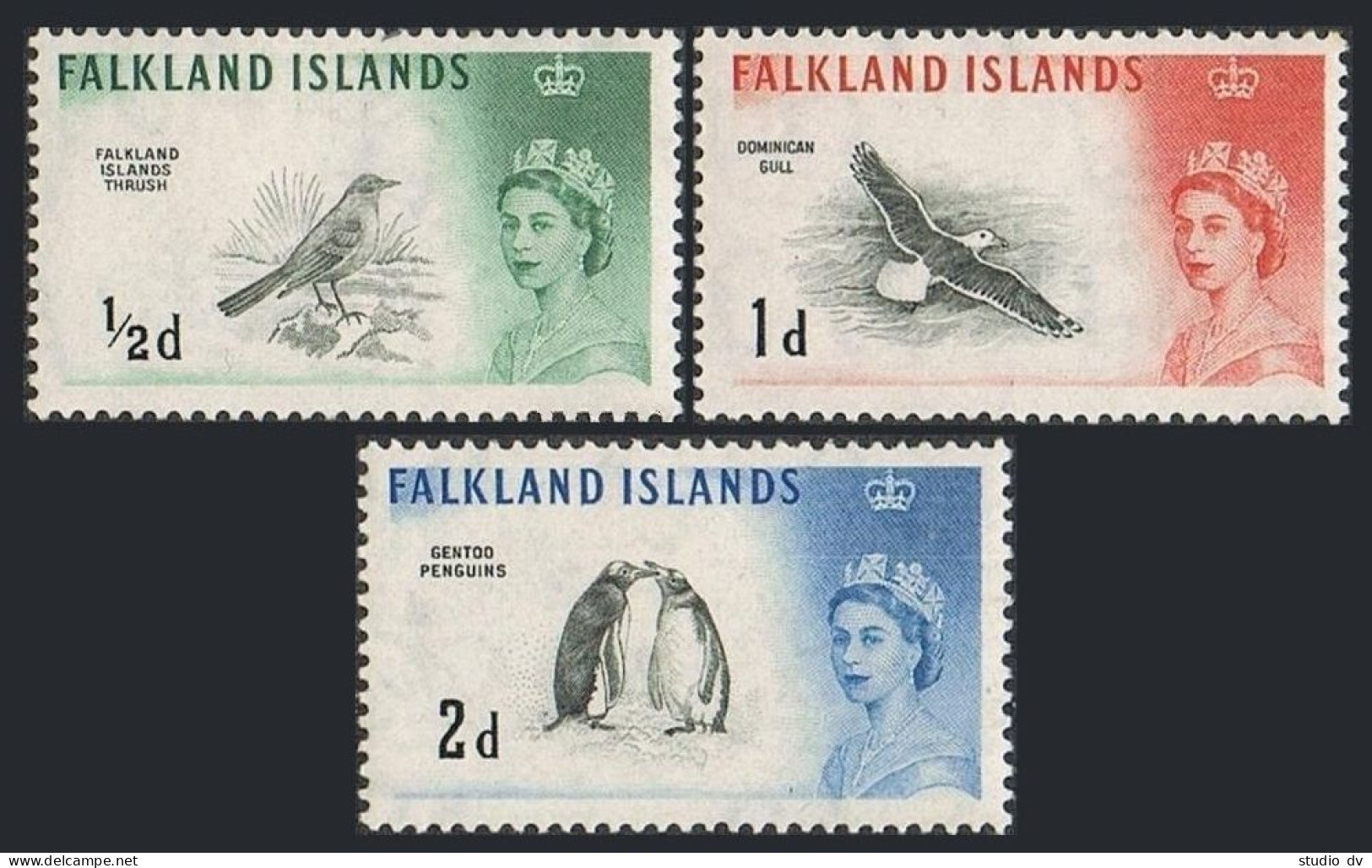 Falkland 128-130, Hinged. Birds 1960. Thrush, Dominican Gull, Penguins. - Falklandinseln