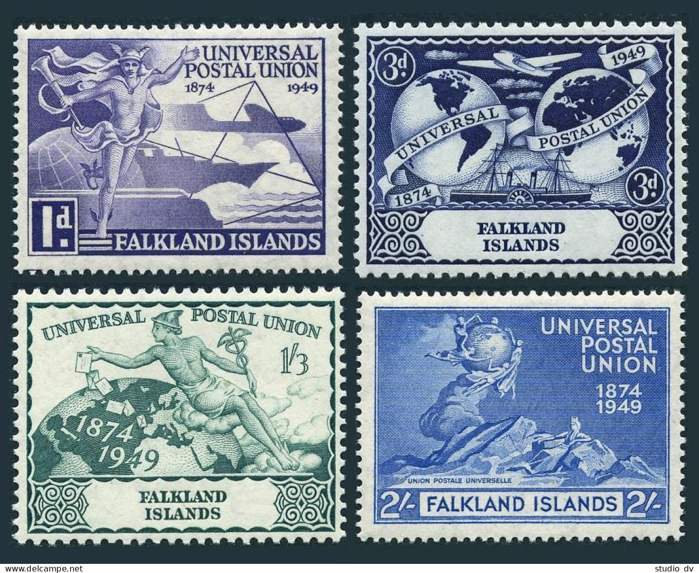 Falkland 103-106,hinged. Mi 98-101. UPU-75,1949.Mercury,Plane,Ship,Tran,Monument - Falklandeilanden