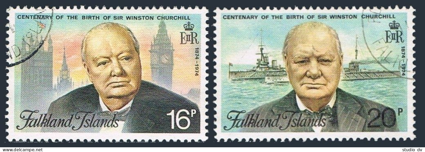 Falkland Isls 235-236,Used.Sir Winston Churchill,1974.Parliament,Big Ben,Warship - Falkland Islands