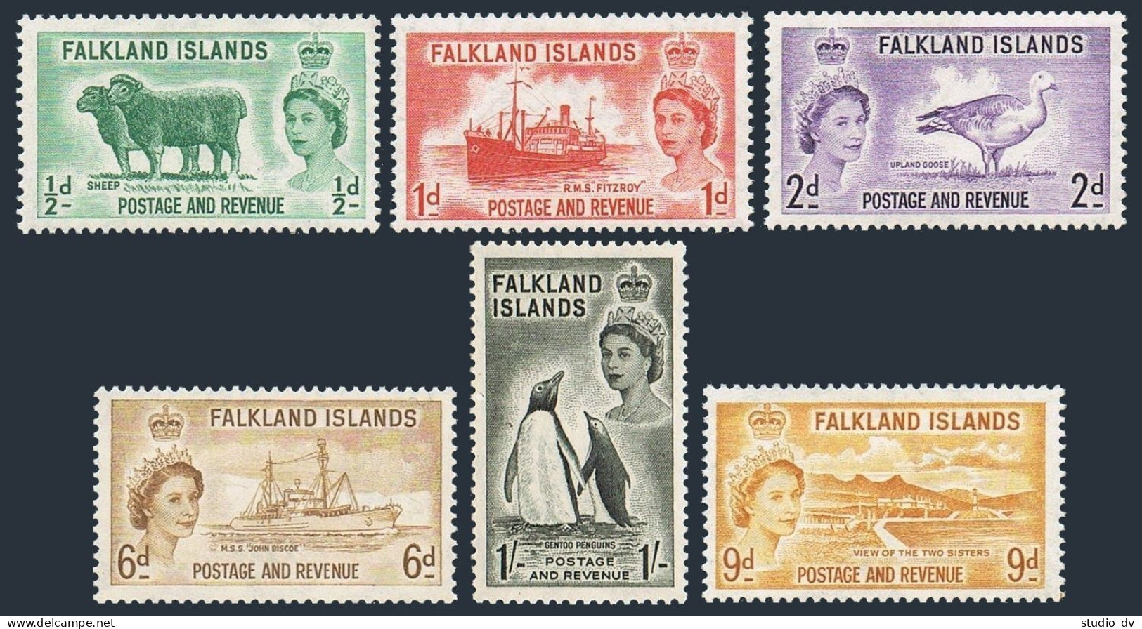 Falkland 122-127,hinged. Mi 117-122. QE II,1955-1957.Sheep,Ships,Goose,Penguins. - Falkland