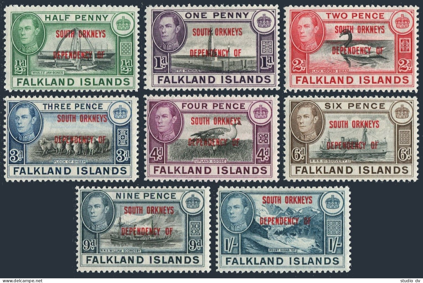 Falkland 4L1-4L8 SOUTH ORKNEYS, Hinged. Michel 1-8. Birds, Sheep, Monuments.1944 - Falklandeilanden