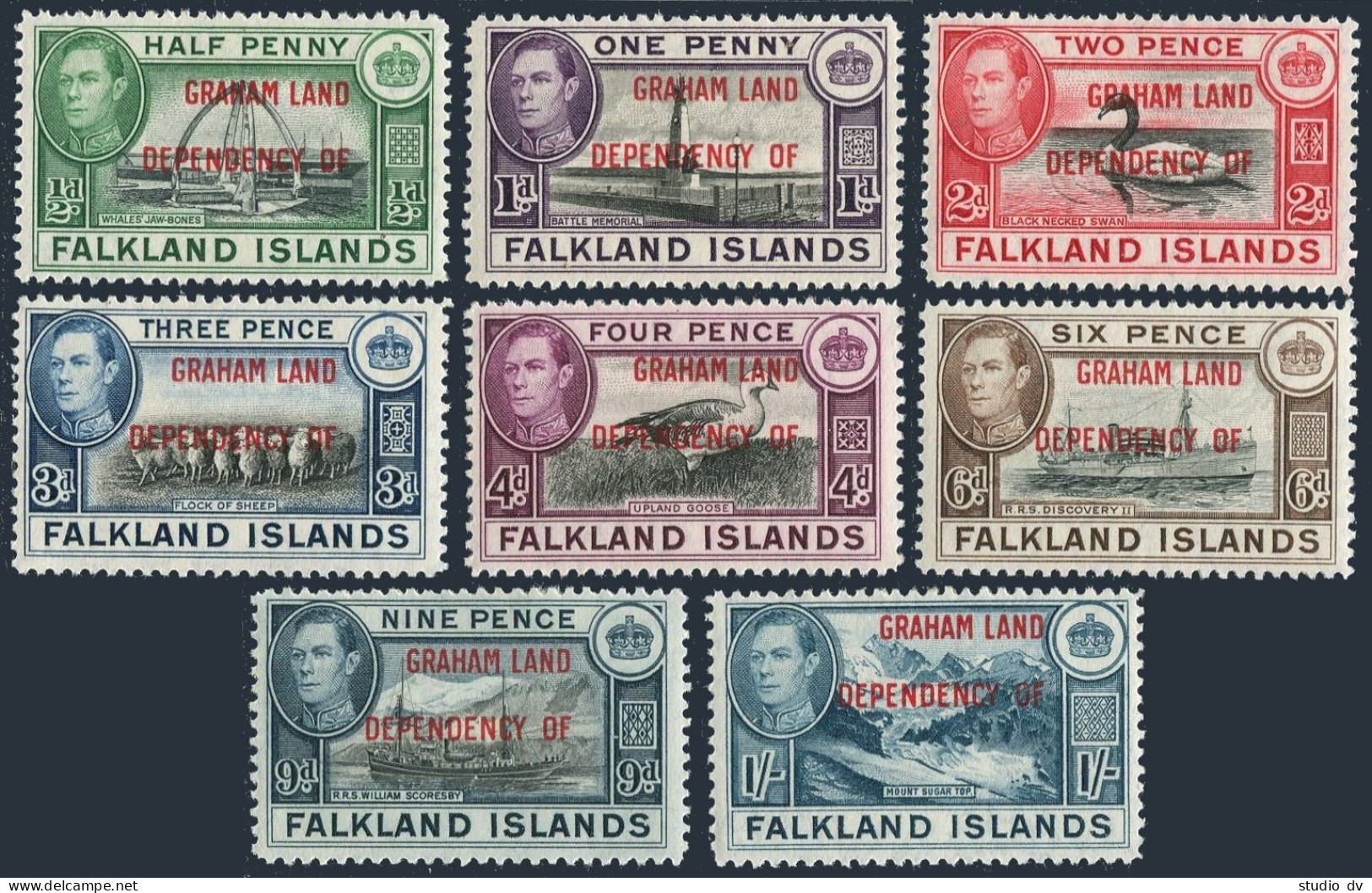 Falkland 2L1-2L8 GRAHAM LAND, Hinged. Mi 1-8. 1944. Birds, Sheep, Monuments. - Falklandeilanden