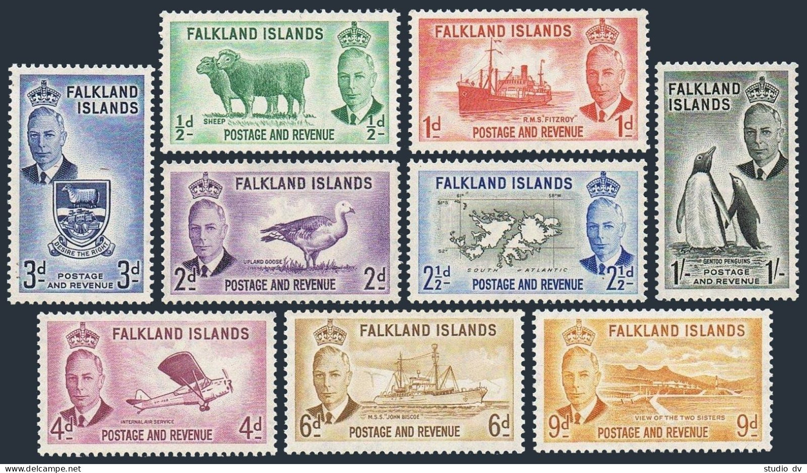 Falkland 107-115, MNH. George VI, 1952. Sheep, R.M.S.Fitzroy, Goose, Plane,Peaks - Falklandeilanden
