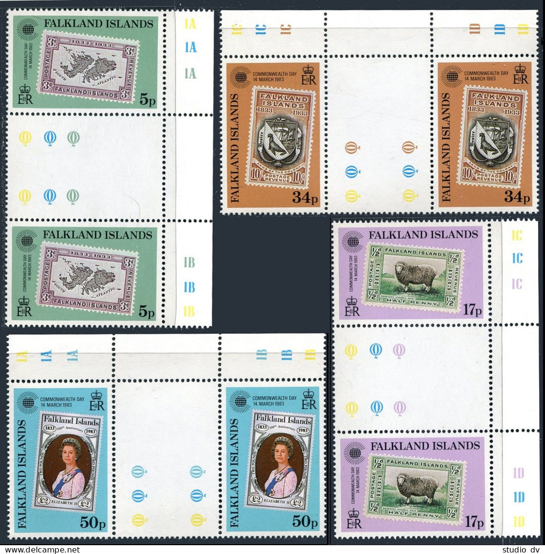 Falkland 371-374 Gutter, MNH. Mi 374-377. Commonwealth Day 1983. Map, Sheep, Arm - Falklandeilanden