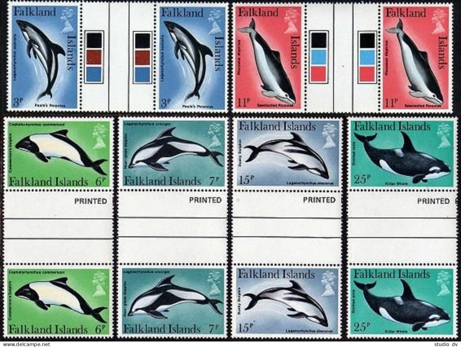 Falkland 298-303 Gutter, MNH. Michel 295-300. Dolphins, Whales, 1980. - Falkland Islands