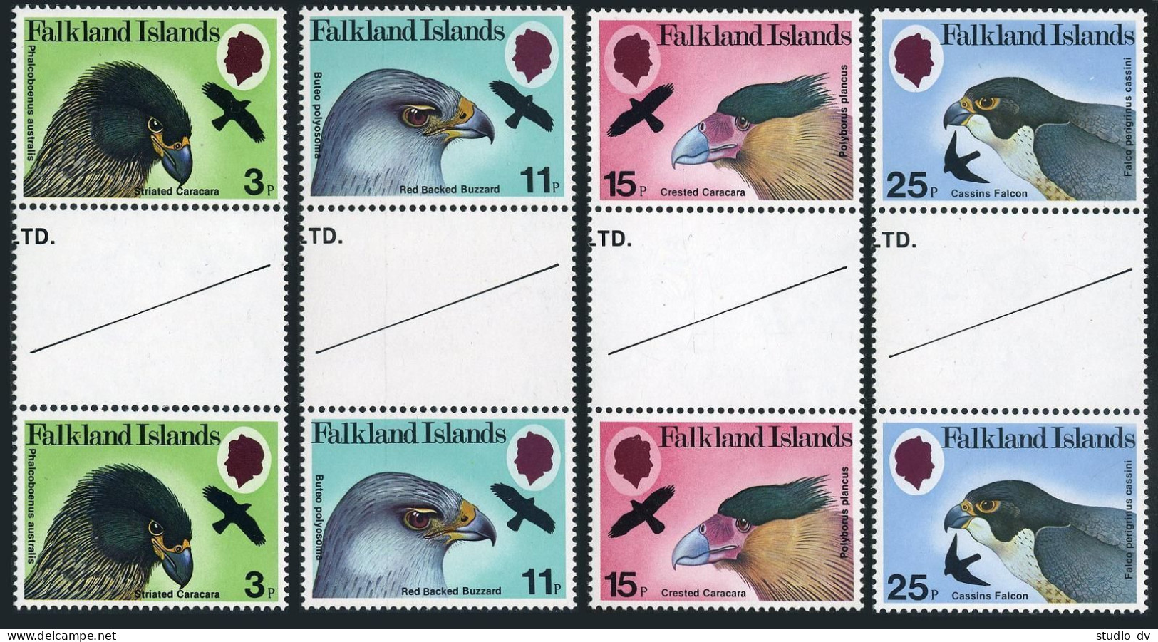 Falkland 306-309 Gutter, MNH. Michel 308-311. Birds Head 1980: Caracara, Falcon, - Falklandinseln