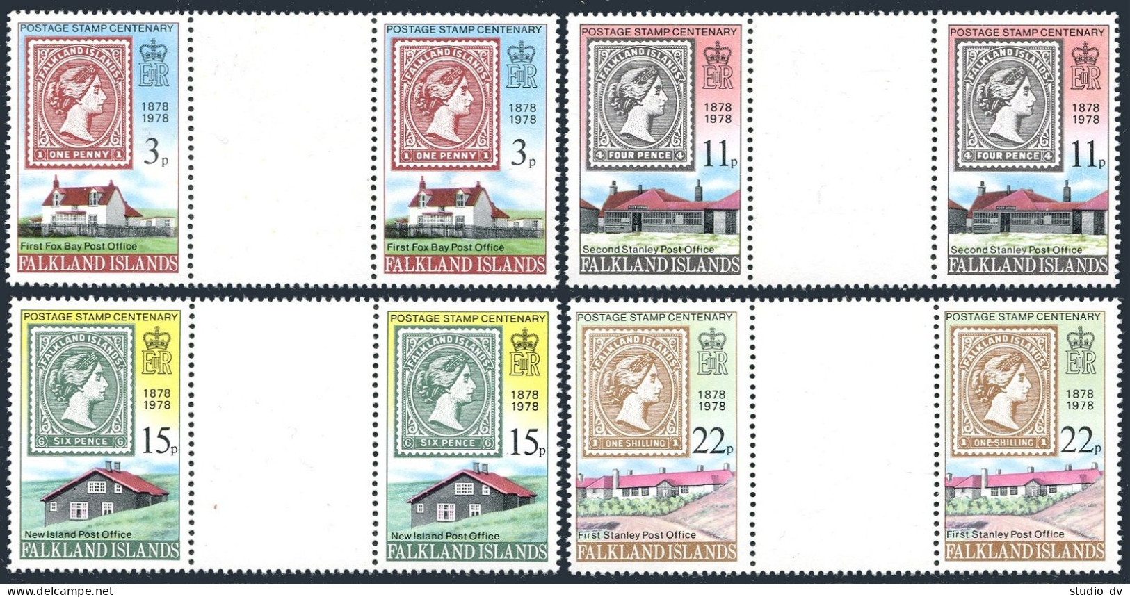 Falkland 278-281 Gutter, MNH. Mi 275-278. 1st Stamp-100, 1978. Post Office,Stamp - Falklandeilanden