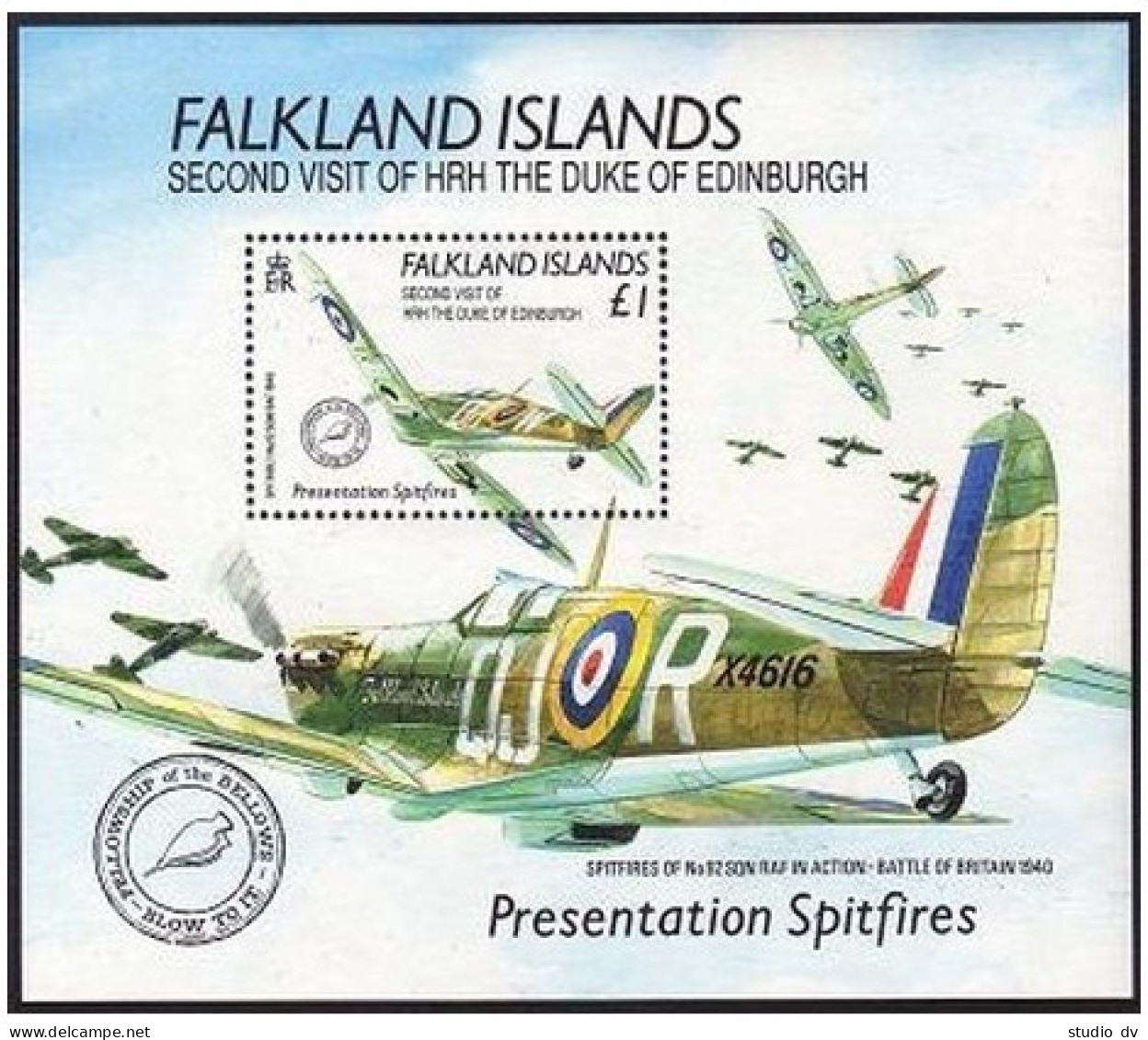 Falkland Isls 530, MNH. Michel 533 Bl.8. Battle Of Britain. Spitfires. 1991. - Falklandinseln