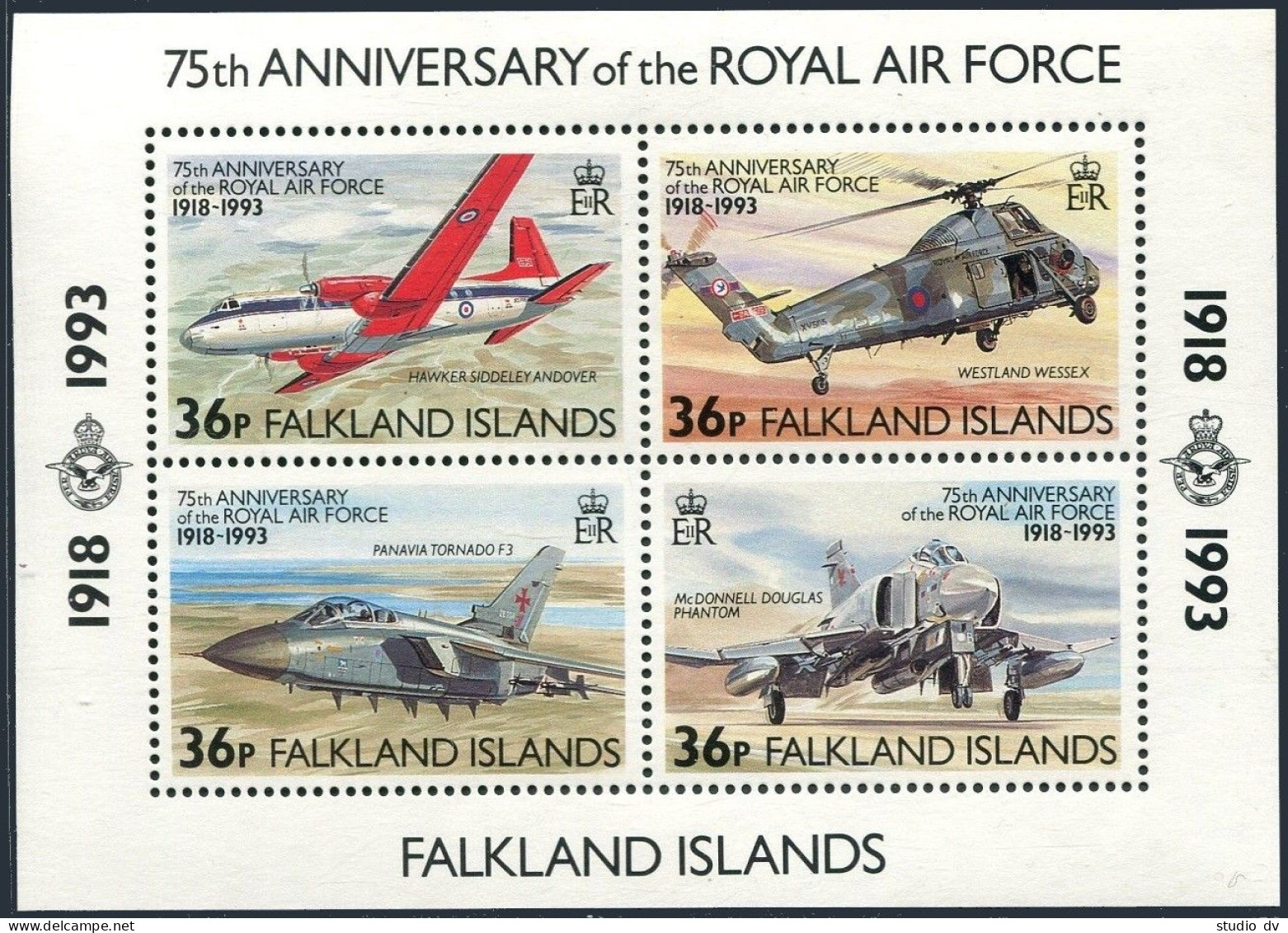Falkland 577 Ad, MNH. Michel 584-587 Bl.11. Royal Air Force-75, 1993. Helicopter - Falkland