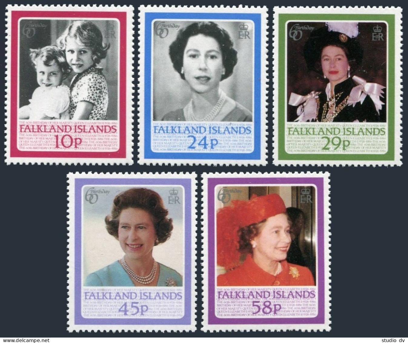 Falkland 441-445, MNH. Michel 444-448. Queen Elizabeth II-60, 1986. Portraits. - Falkland Islands