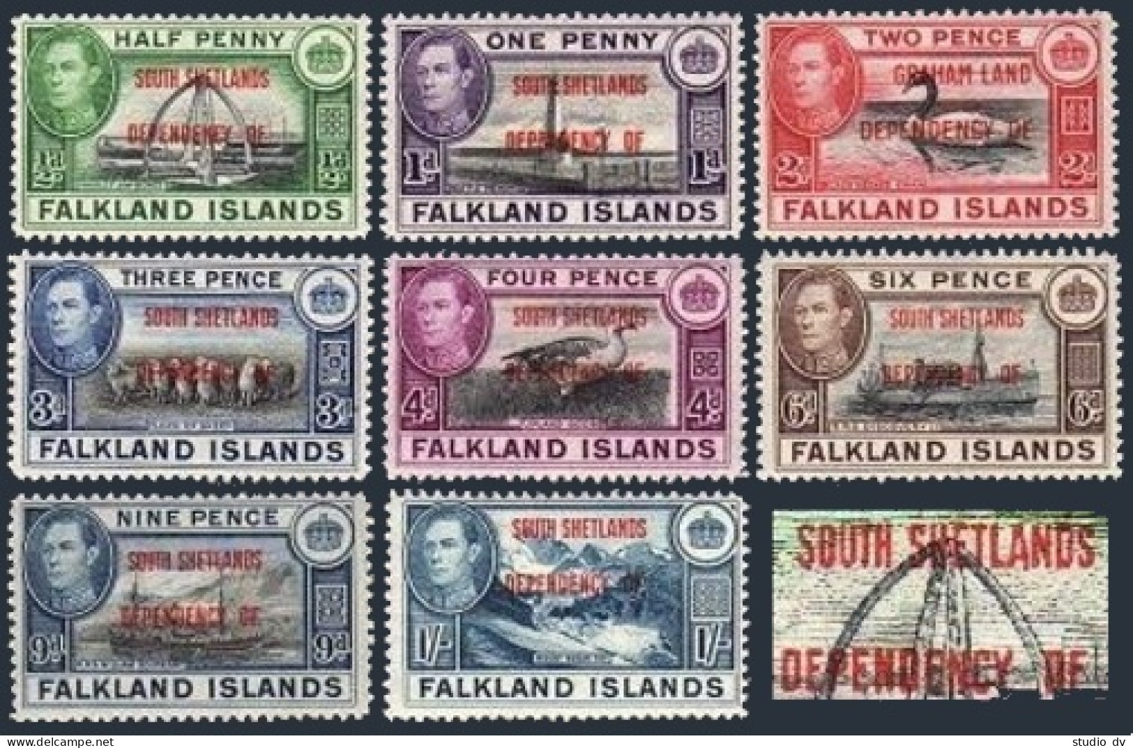 Falkland 5L1-5L8 SOUTH SHETLANDS, MNH. Michel 1-8. Bird, Sheep, Monuments, 1944. - Falklandinseln